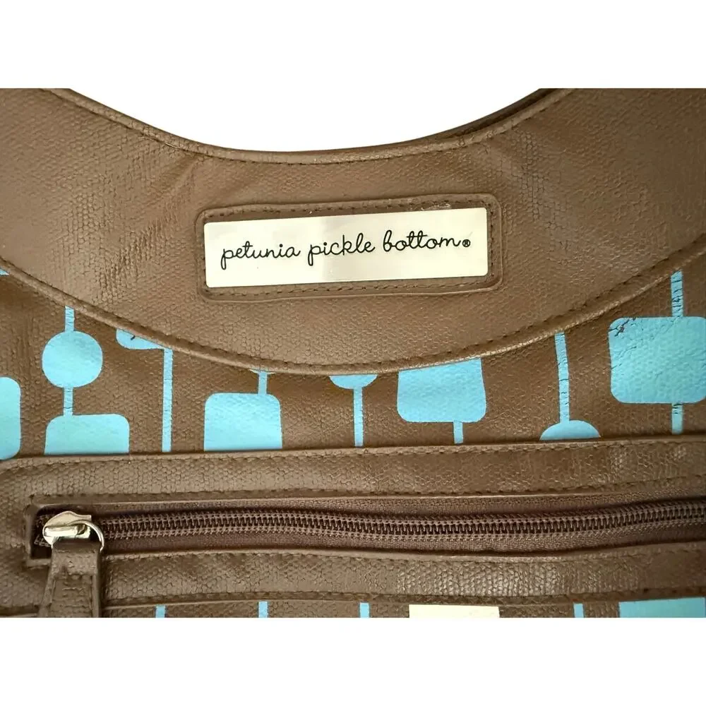 Petunia Pickle Bottom Brown Blue Faux Leather Zipper Pockets Diaper Bag w Straps